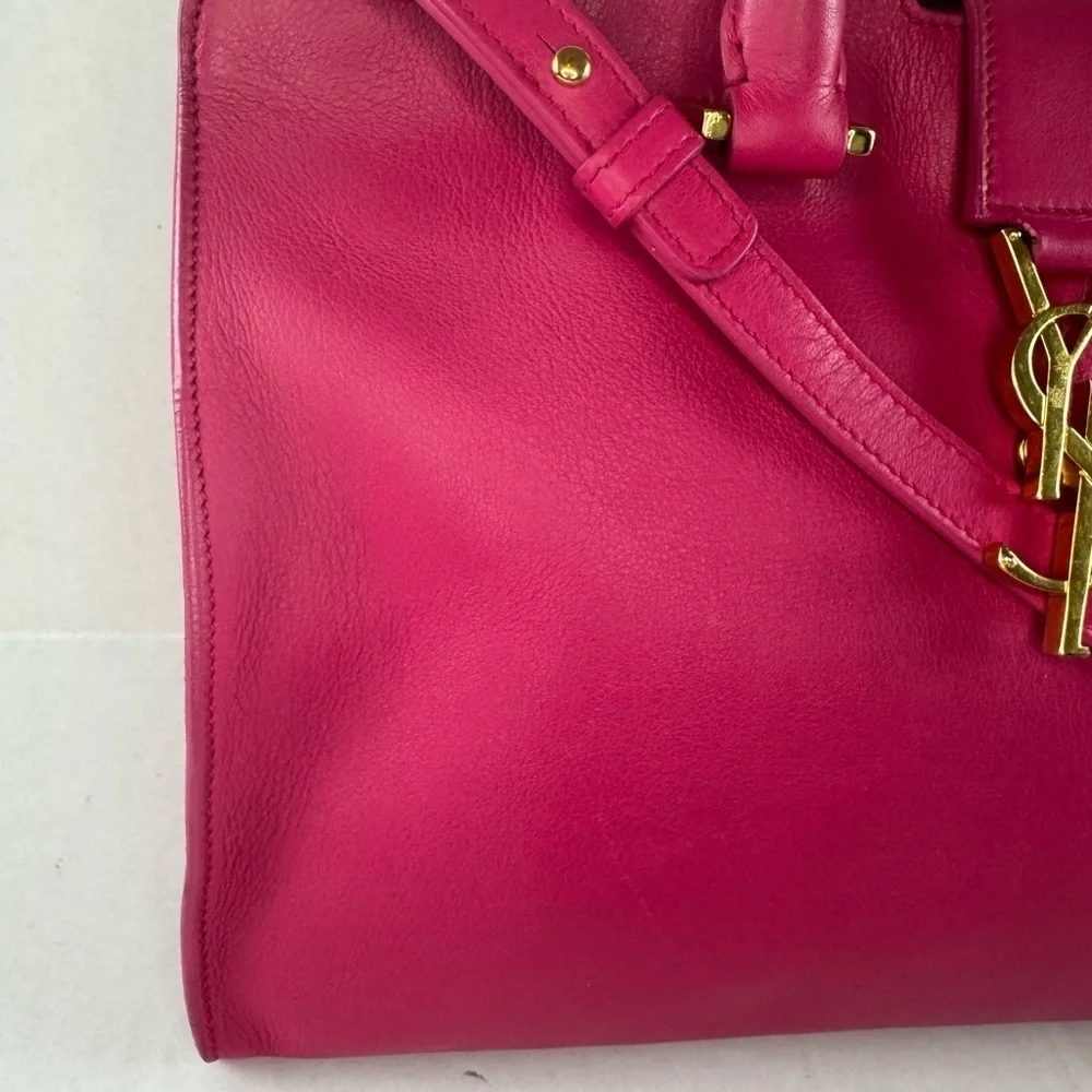 YVES SAINT LAURENT Fuchsia Calfskin Leather Small Cabas Crossbody Bag.